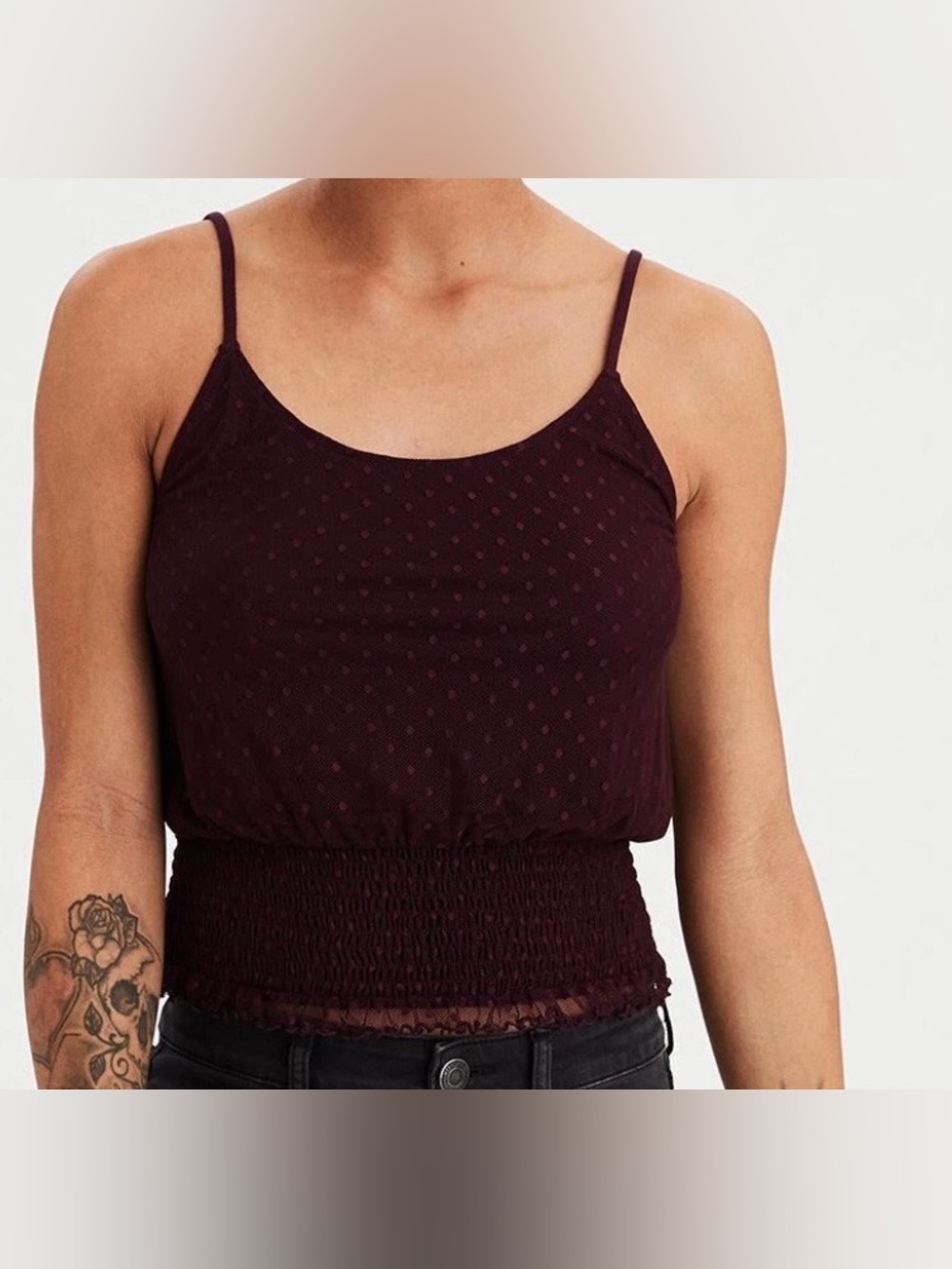 Women’s American Eagle Maroon Smocked Mesh Crop Tank
